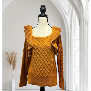 Broadway 38 Gold Mustard Sweater Cable Mixed Knit Ruffle Shoulder Size XL